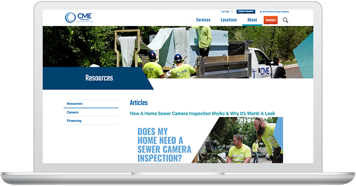 Laptop Screen Displaying CME Sewer Repair's Blog Resources Page